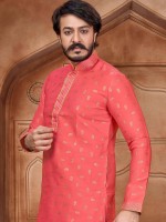 Coral Pink Jacquard Silk Kurta Pajama